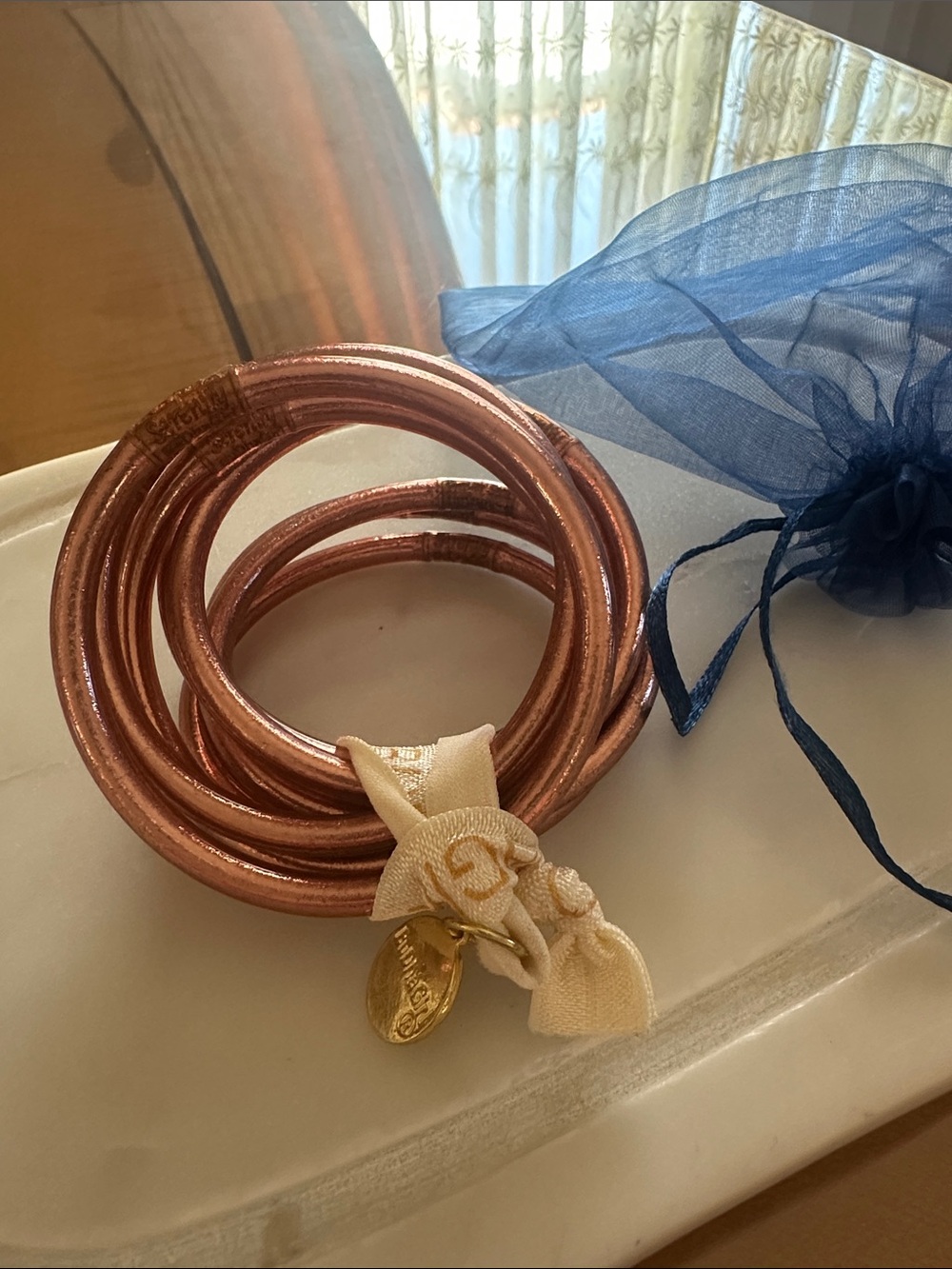 BuDhaGirl Stackable Rose Gold Coil Bracelet Set with Ivory Knot Accent